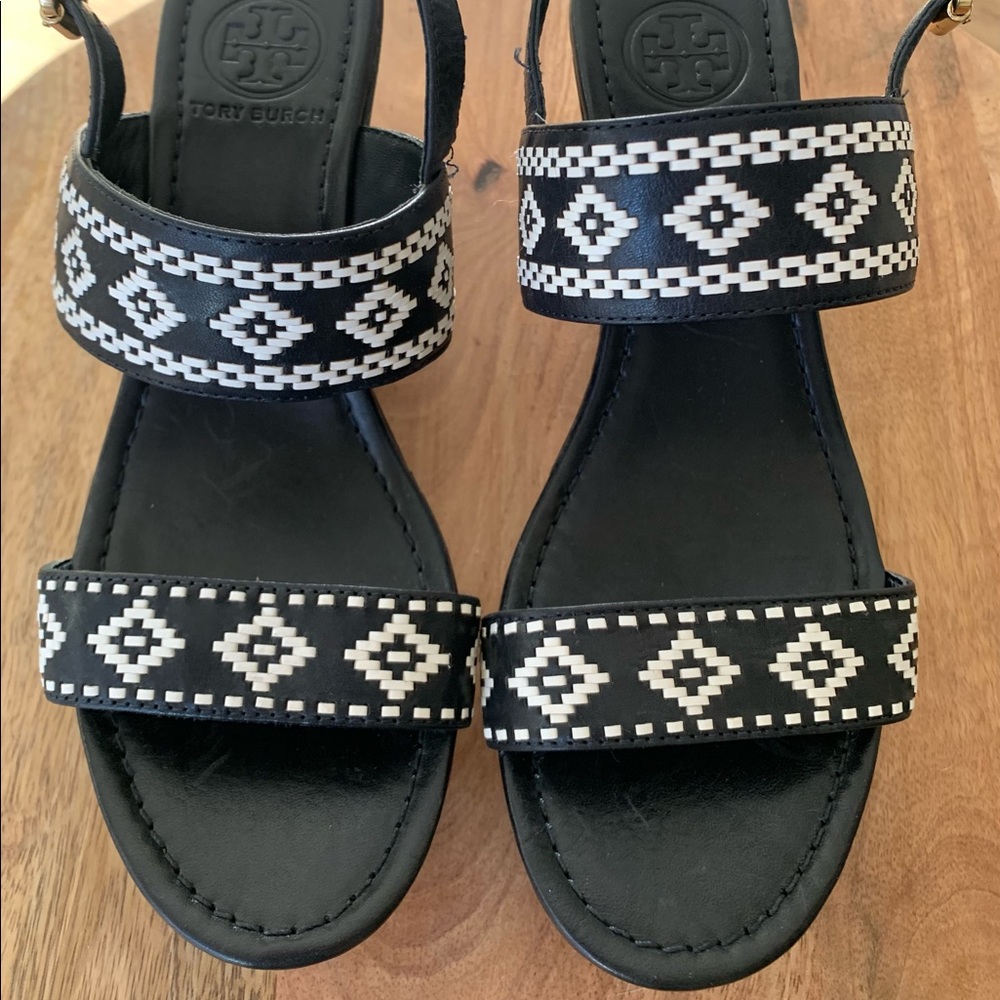 Tory Burch Black/White Aztec Wedge Sandals